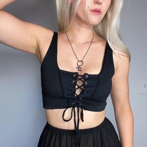 PrettyLittleThing Black Front Lace Up Crop Top